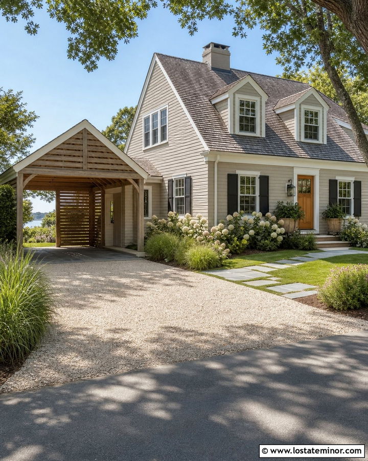 Greige Cape Cod House With Cedar Carport - 30 Greige House Design With Carport Ideas