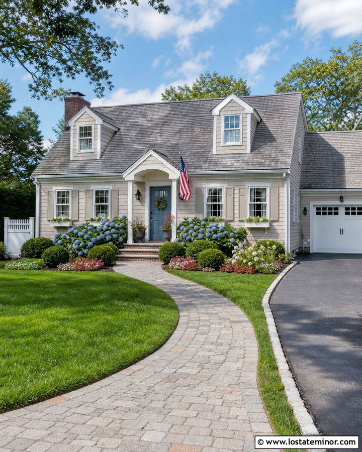 Greige Cape Cod House With Cobblestone Walkway - 30 Greige House Design With Walkway Ideas