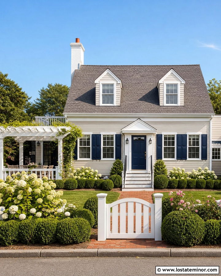 Greige Cape Cod House With White Pergola - 30 Greige House Design With Pergola Ideas