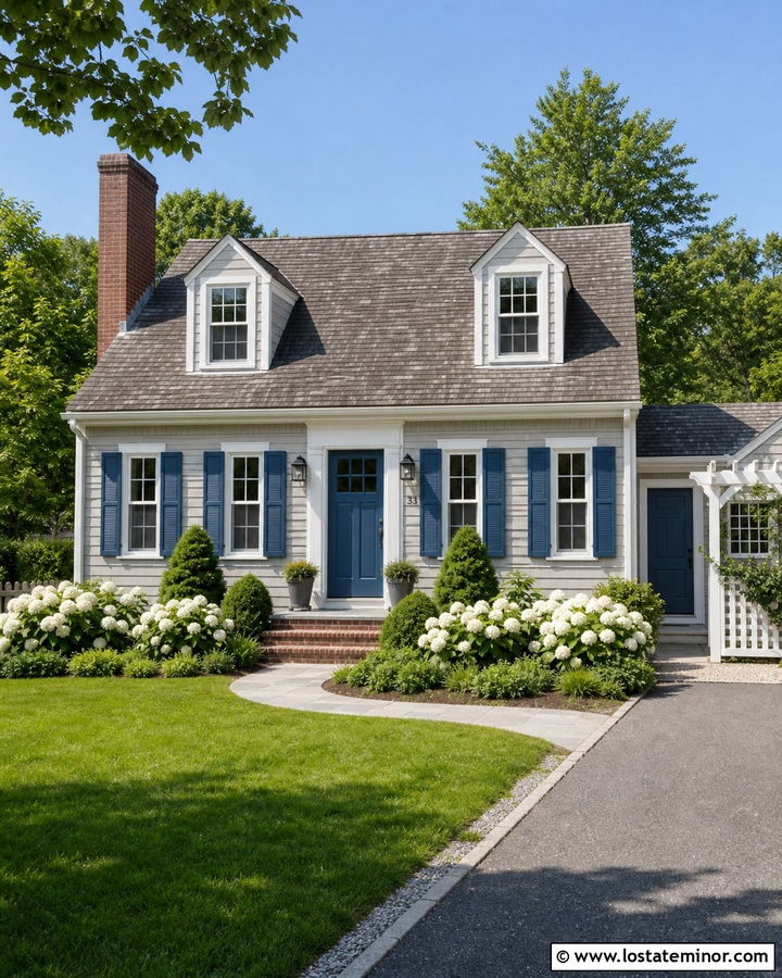 Greige Cape Cod With Blue Front Door - 30 Greige House Design With Entry Door Ideas