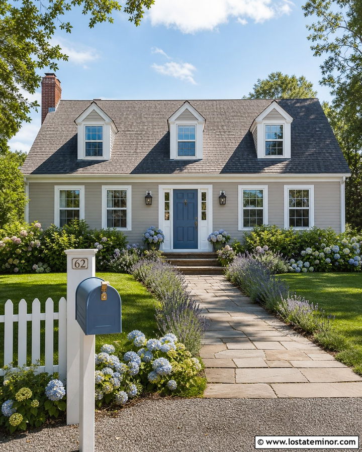 Greige Cape Cod With Blue Mailbox - 30 Greige House Design With Mailbox Ideas