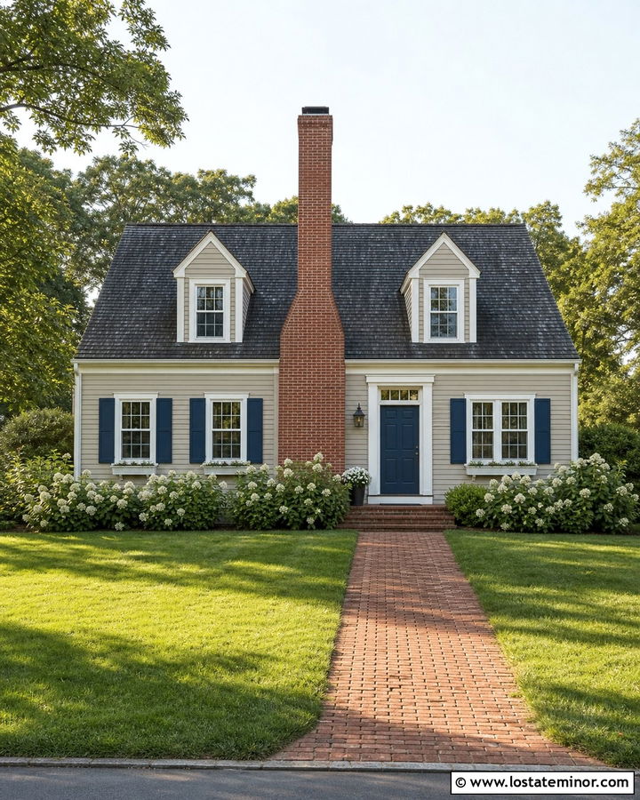 Greige Cape Cod With Central Chimney - 30 Greige House Design With Chimney Ideas