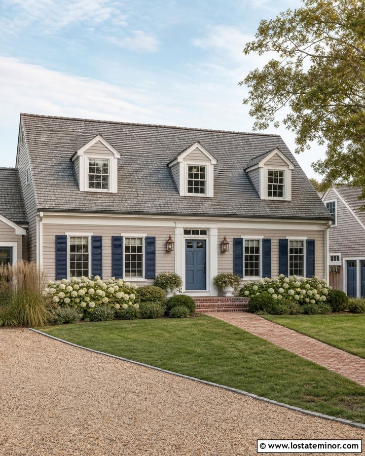 Greige Cape Cod With Copper Lantern Lighting - 30 Greige House Design With Lighting Ideas