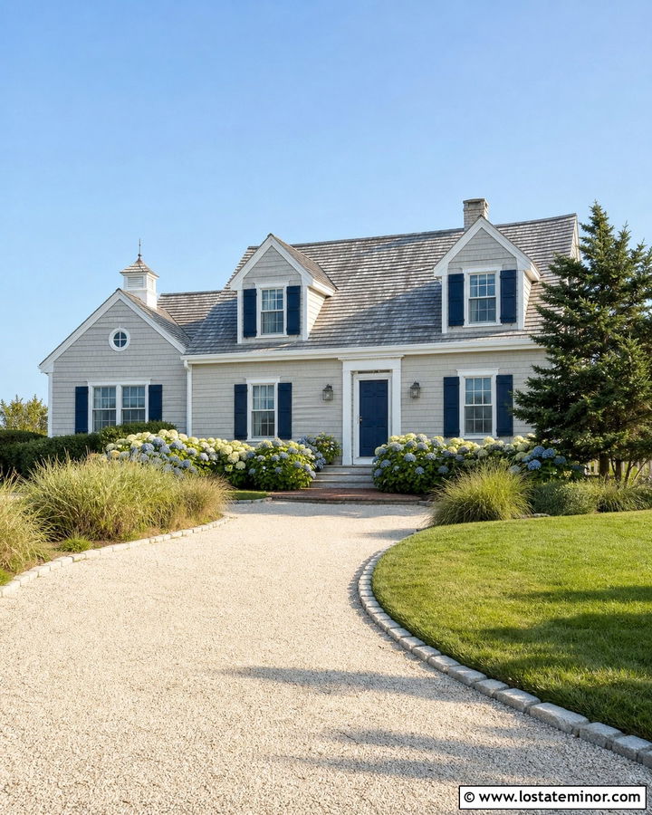 Greige Cape Cod With Shell Driveway - 30 Greige House Design With Driveway Ideas