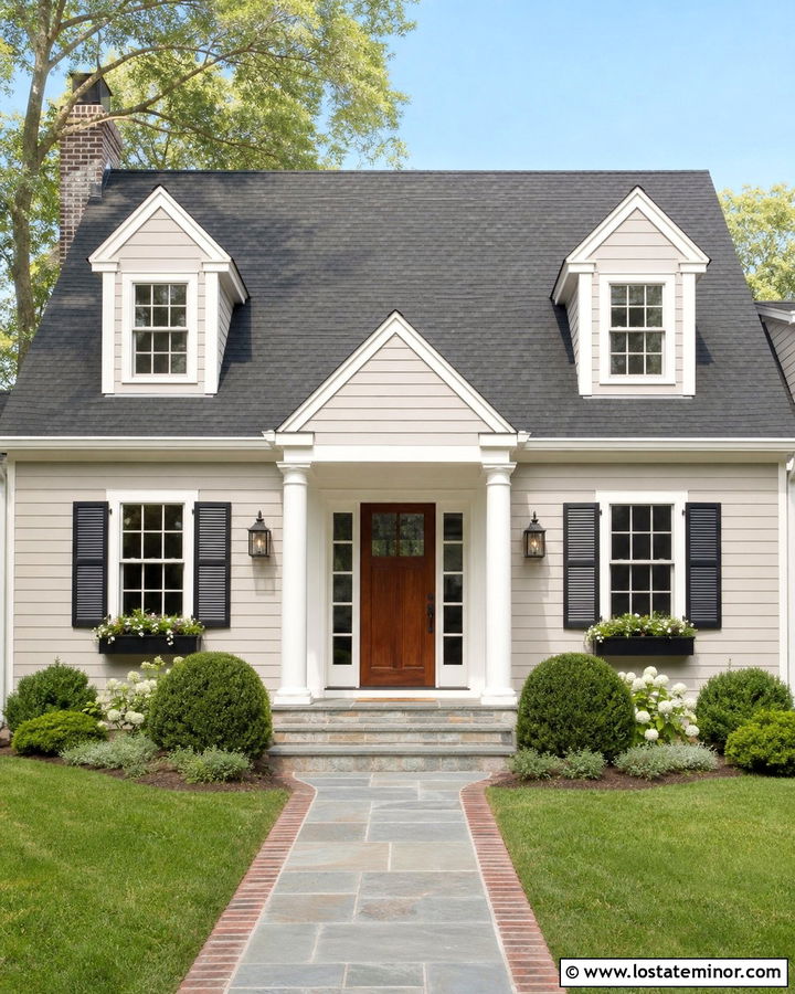 Greige Cape Cod With Small Front Portico - 30 Greige House Design With Front Porch Ideas