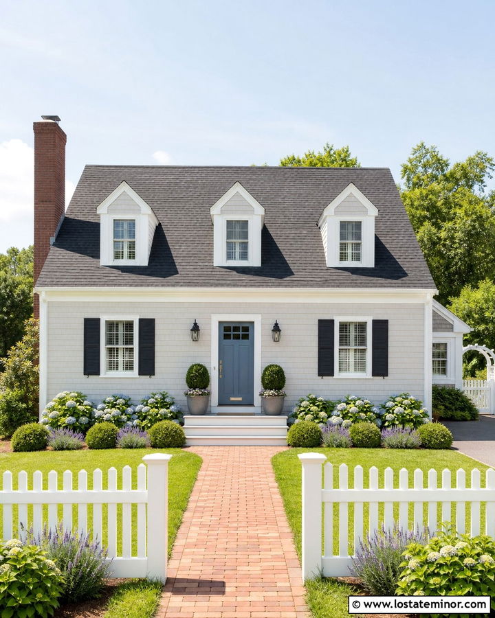 Greige Cape Cod With White Picket Fence - 30 Greige House Design With Front Yard Ideas