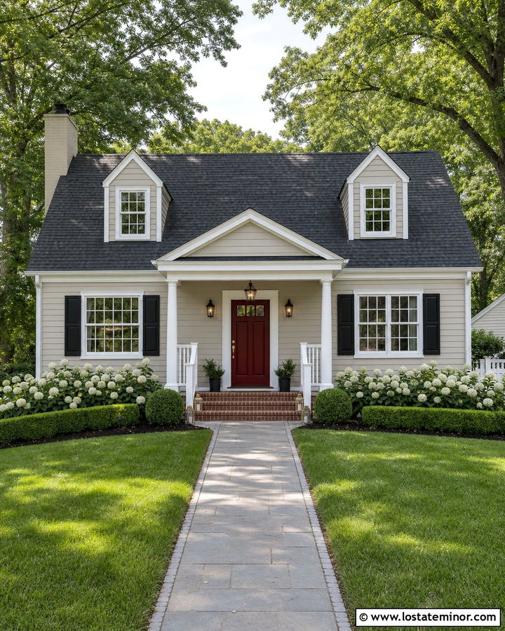 Greige Cape Cod With White Porch Columns - 30 Greige House Design With Porch Columns Ideas
