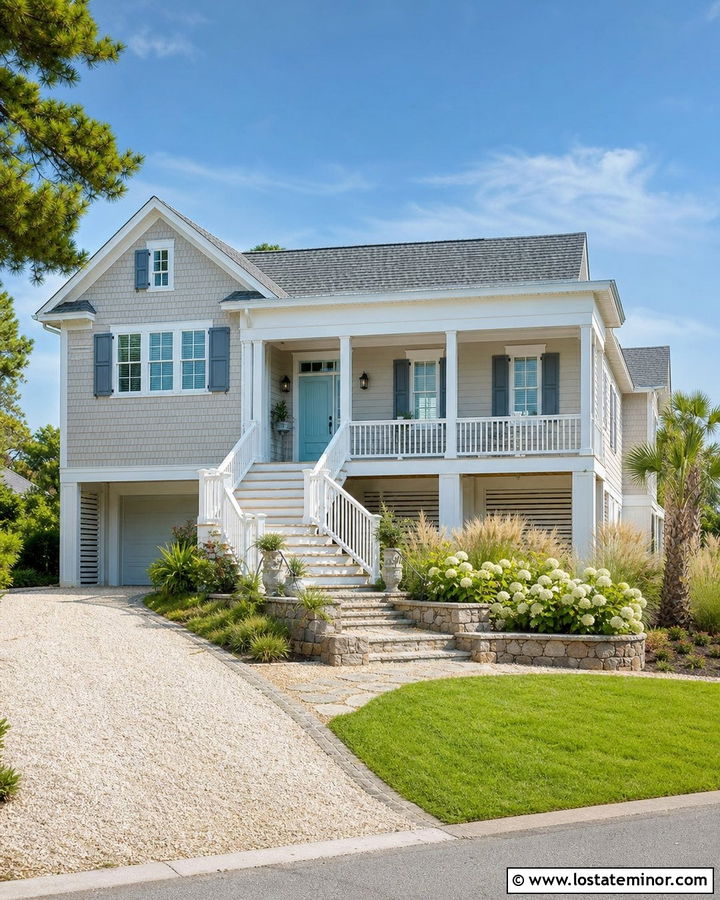 Greige Coastal House With Aqua Door - 30 Greige House Design With Entry Door Ideas