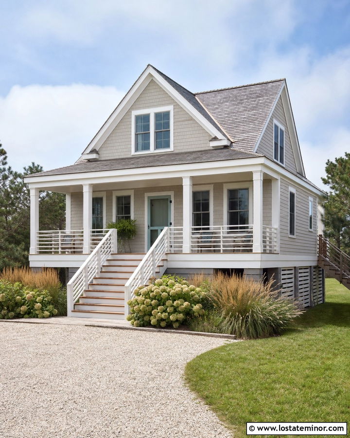 Greige Coastal House With Aqua Screen Door - 30 Greige House Design With Screen Door Ideas