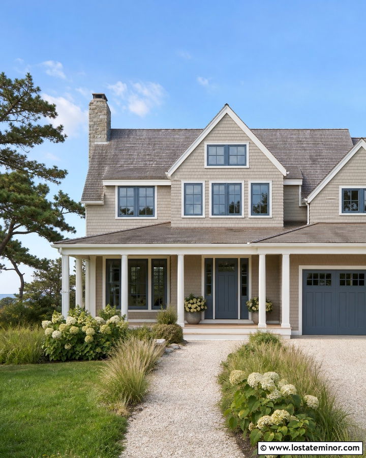 Greige Coastal House With Blue Window Frames - 30 Greige House Design With Window Frames Ideas