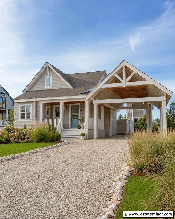 Greige Coastal House With Open Carport - 30 Greige House Design With Carport Ideas