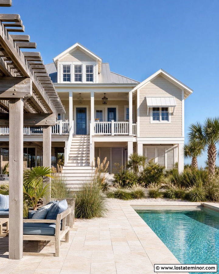 Greige Coastal House With Pool - 30 Greige House Design With Swimming Pool Ideas