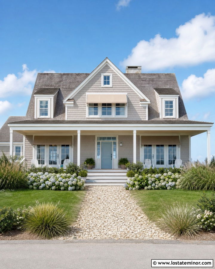 Greige Coastal House With Sand Fabric Awnings - 30 Greige House Design With Awning Ideas