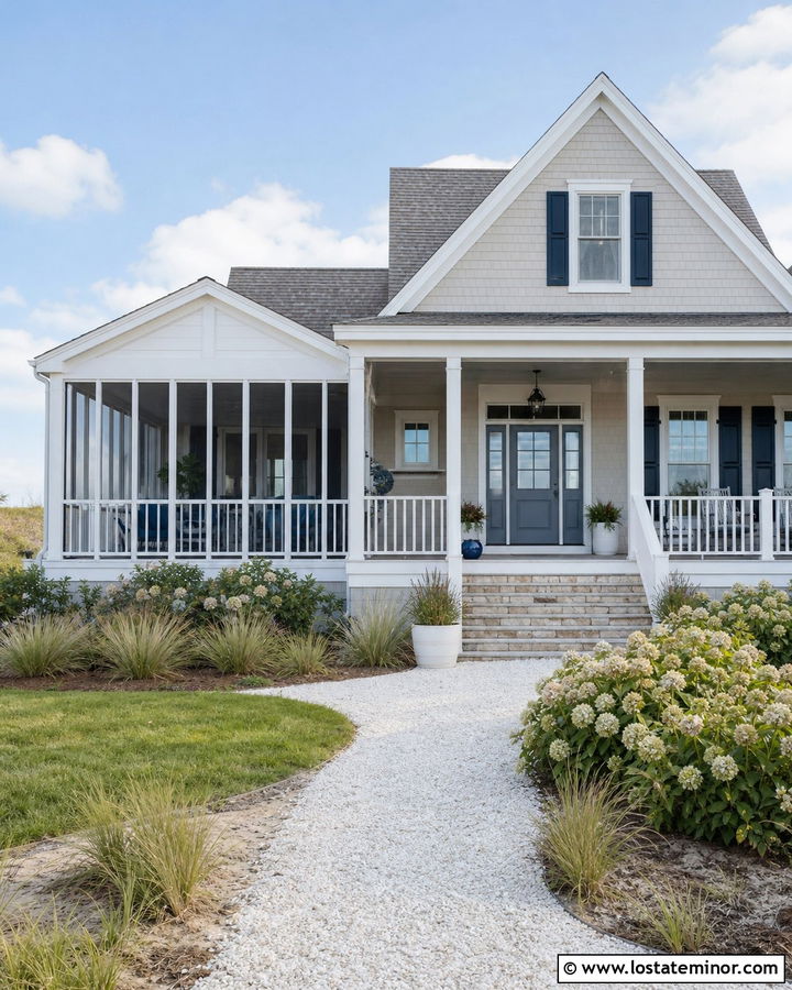 Greige Coastal House With Screened Sunroom - 30 Greige House Design With Sunroom Ideas