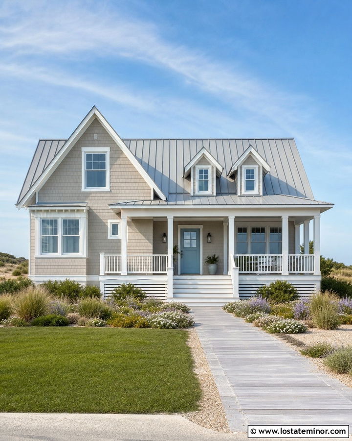 Greige Coastal House With Sea Grass Landscaping - 30 Greige House Design With Landscaping Ideas