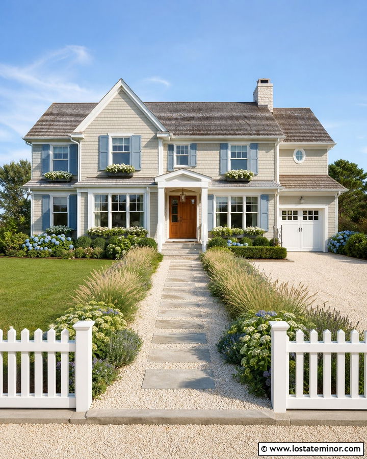 Greige Coastal House With Shell Gravel Walkway - 30 Greige House Design With Walkway Ideas