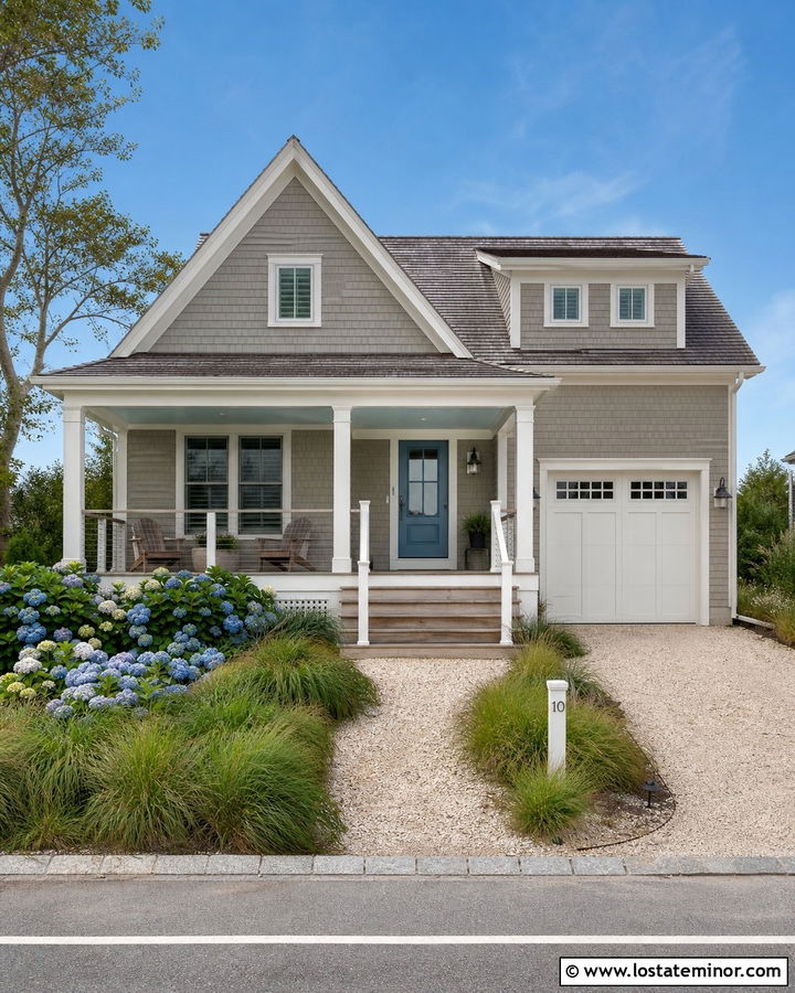 Greige Coastal House With Shingle Front Porch - 30 Greige House Design With Front Porch Ideas