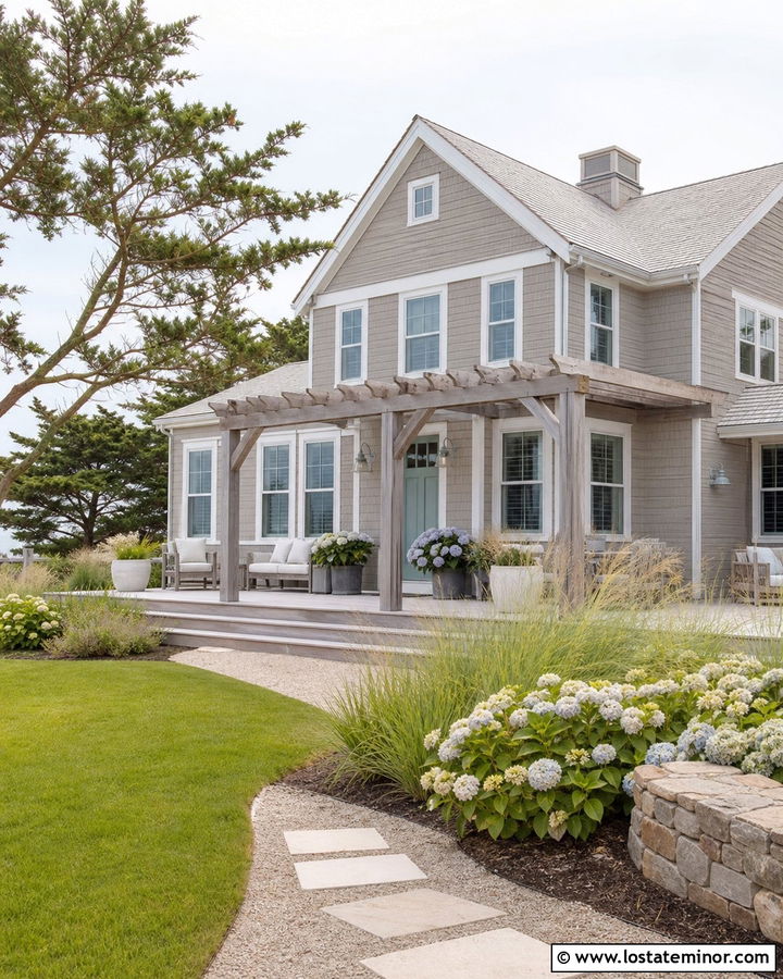 Greige Coastal House With Weathered Wood Pergola - 30 Greige House Design With Pergola Ideas