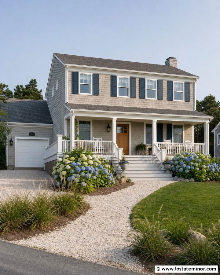 Greige Coastal House With White Deck - 30 Greige House Design With Deck Ideas