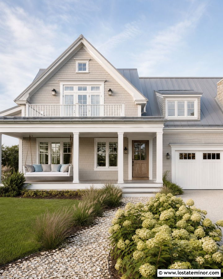 Greige Coastal House With White Swing Bed - 30 Greige House Design With Swing Ideas