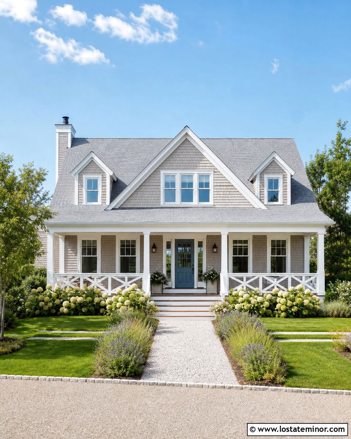 Greige Coastal House With White X Railings - 30 Greige House Design With Railings Ideas