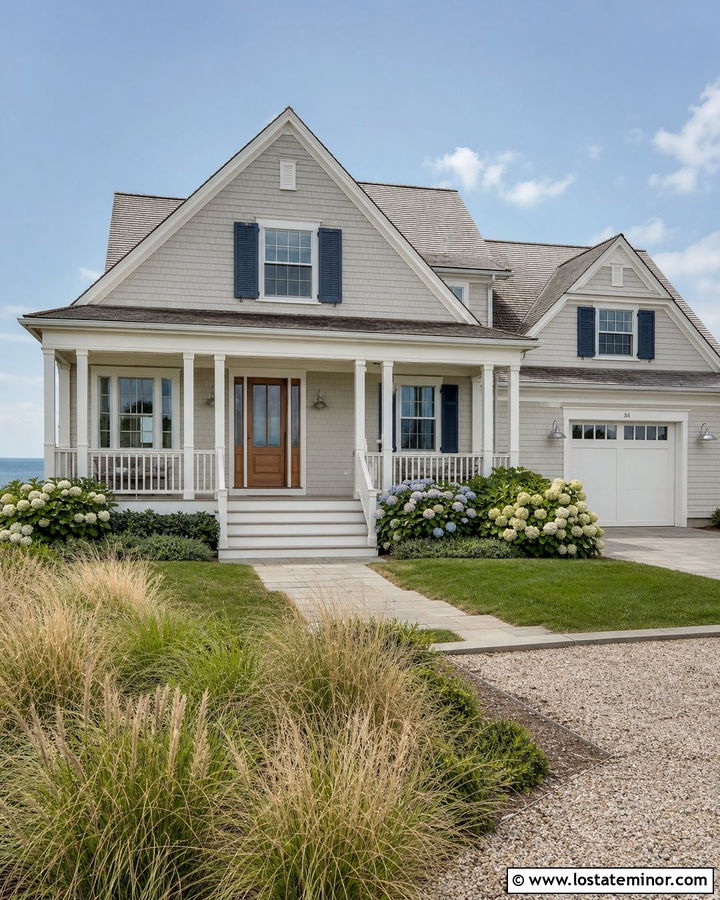 Greige Coastal House With Wide Gables - 30 Greige House Design With Gables Ideas