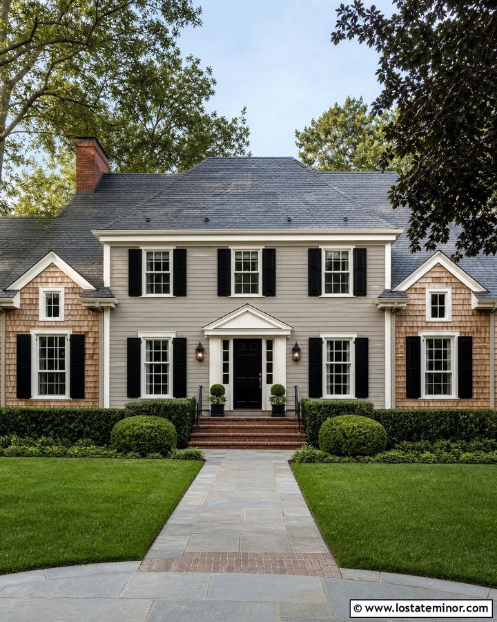 Greige Colonial House With Cedar Shake Side Wings - 30 Greige House Design With Cedar Shake Ideas