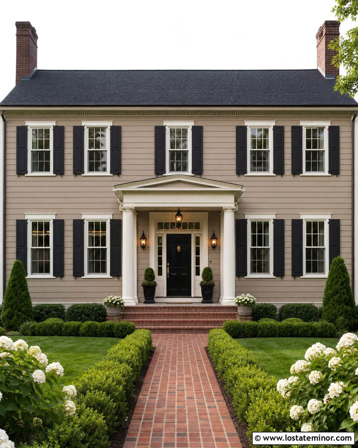 Greige Colonial House With Columned Front Porch - 30 Greige House Design With Front Porch Ideas