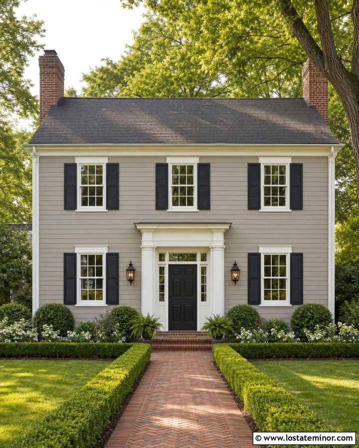 Greige Colonial House With Double Chimneys - 30 Greige House Design With Chimney Ideas