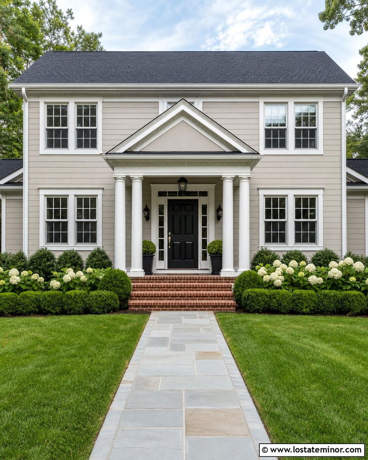 Greige Colonial House With Gabled Portico - 30 Greige House Design With Portico Ideas