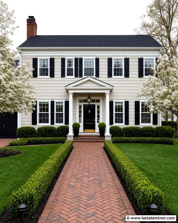 Greige Colonial House With Herringbone Brick Walkway - 30 Greige House Design With Walkway Ideas