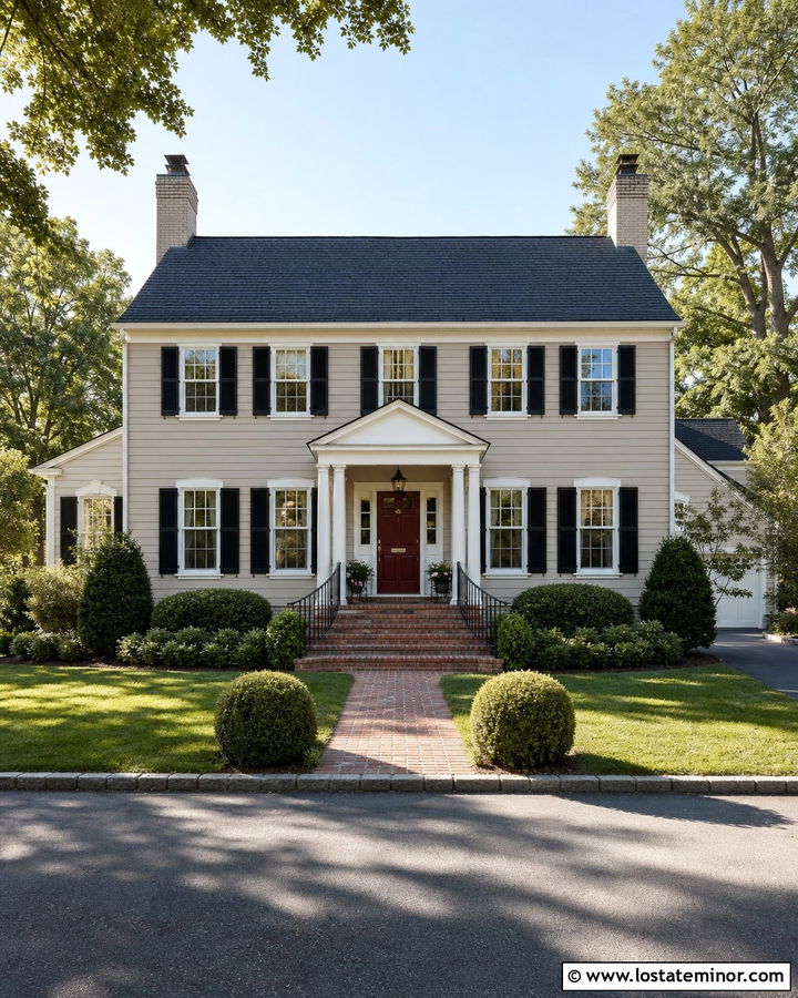 Greige Colonial House With Iron Railings - 30 Greige House Design With Railings Ideas