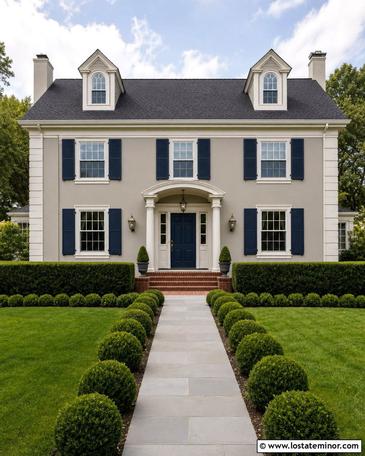Greige Colonial House With Navy Front Door - 30 Greige House Design With Front Door Ideas