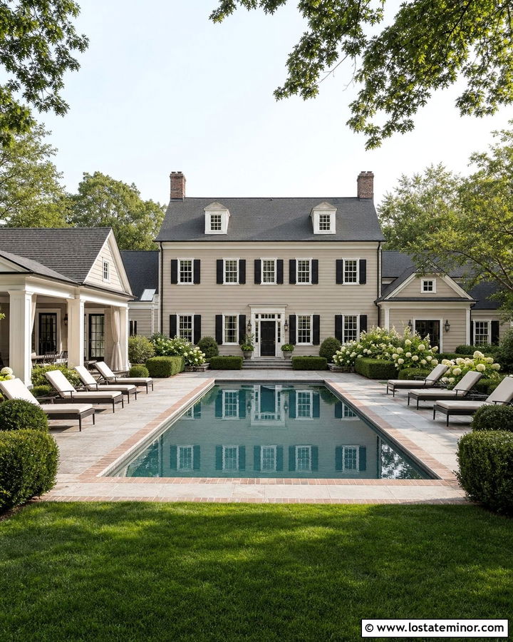 Greige Colonial House With Pool - 30 Greige House Design With Swimming Pool Ideas