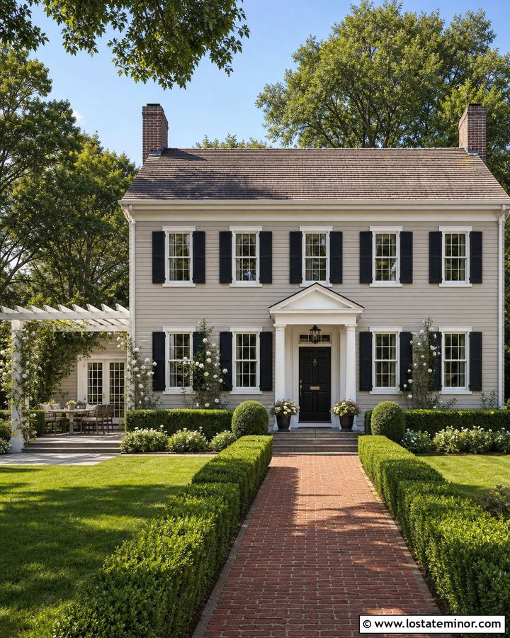 Greige Colonial House With Side Pergola - 30 Greige House Design With Pergola Ideas