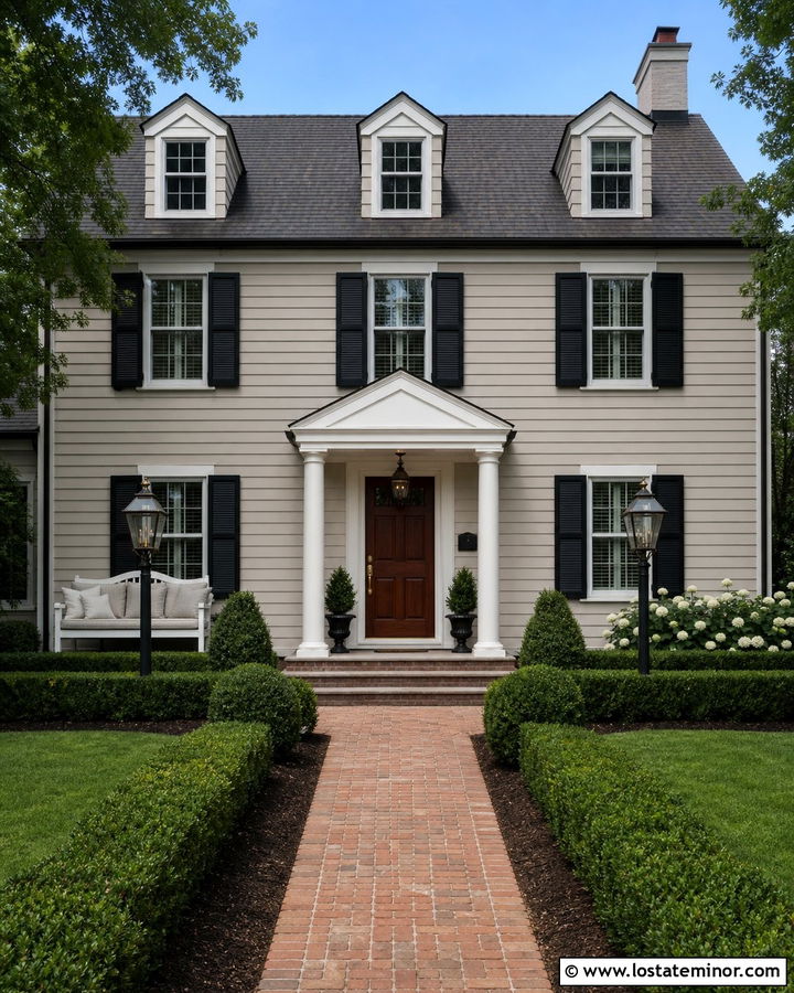 Greige Colonial House With Side Porch Daybed - 30 Greige House Design With Daybed Ideas