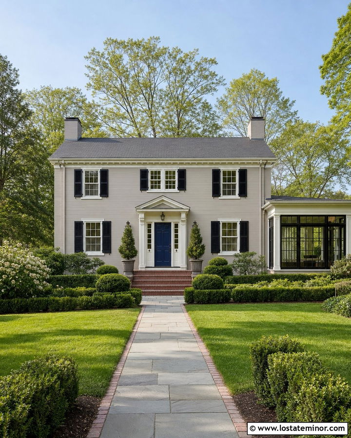 Greige Colonial House With Side Sunroom - 30 Greige House Design With Sunroom Ideas