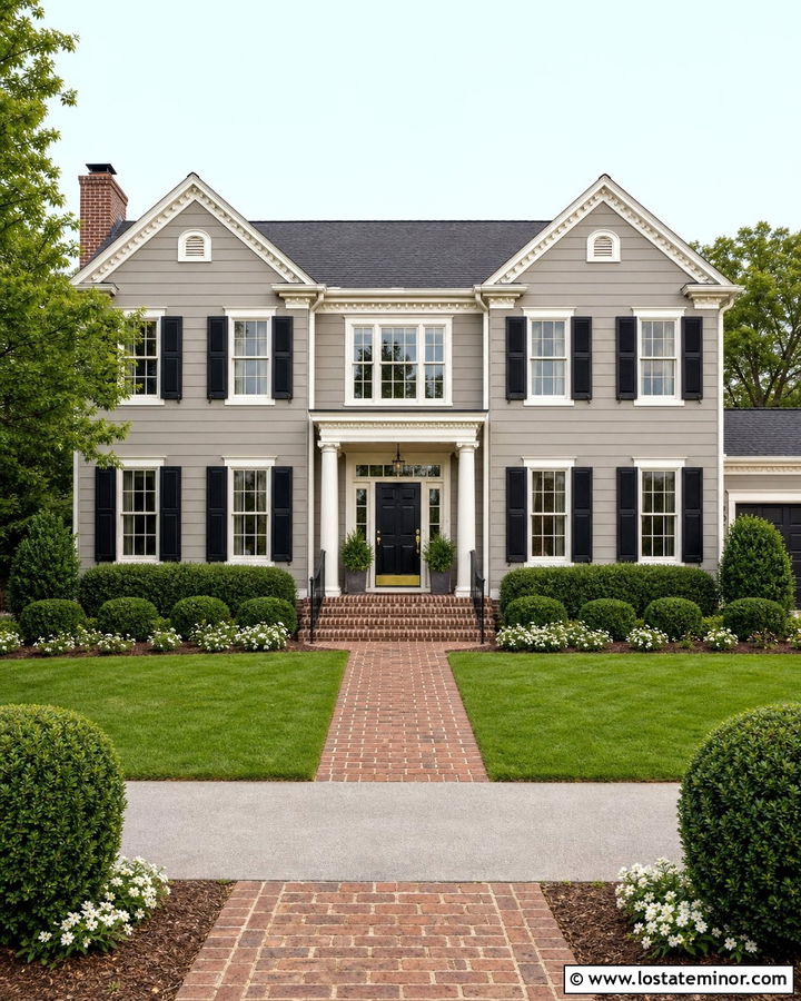 Greige Colonial House With Symmetrical Gables - 30 Greige House Design With Gables Ideas