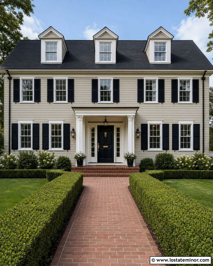 Greige Colonial House With Three Dormers - 30 Greige House Design With Dormers Ideas