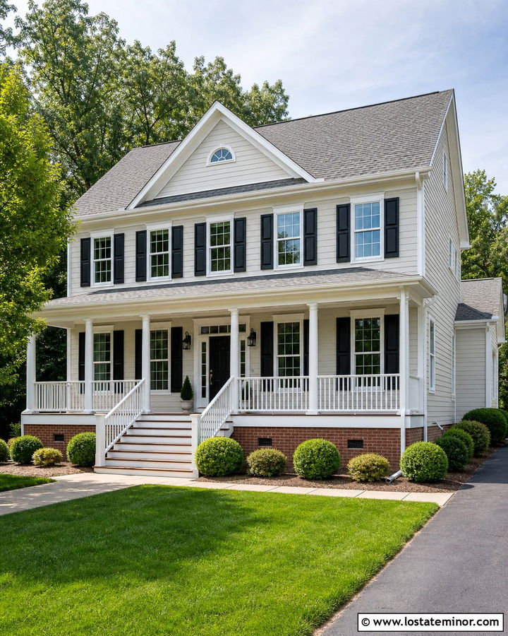 Greige Colonial House With White Deck Railing - 30 Greige House Design With Deck Ideas