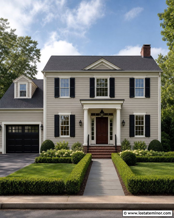 Greige Colonial With Black Garage Door - 30 Greige House Design With Garage Door Ideas