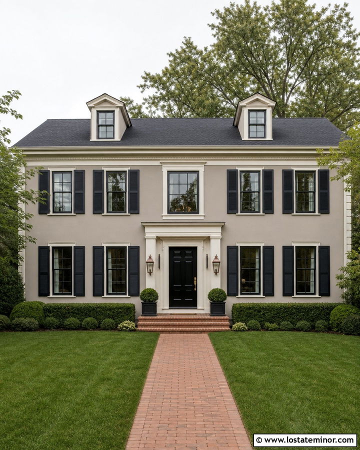 Greige Colonial With Black Window Frames - 30 Greige House Design With Window Frames Ideas