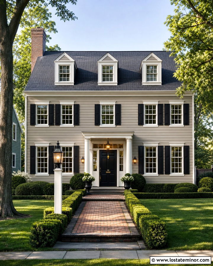 Greige Colonial With Brass Lantern Lighting - 30 Greige House Design With Lighting Ideas