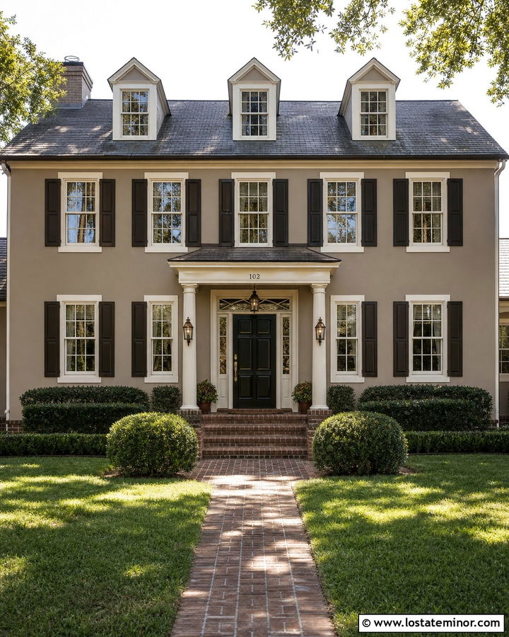 Greige Colonial With Brick Skirting - 30 Greige House Design With Brick Accents Ideas