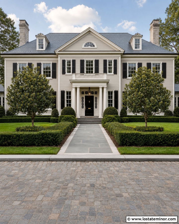 Greige Colonial With Cobblestone Driveway - 30 Greige House Design With Driveway Ideas