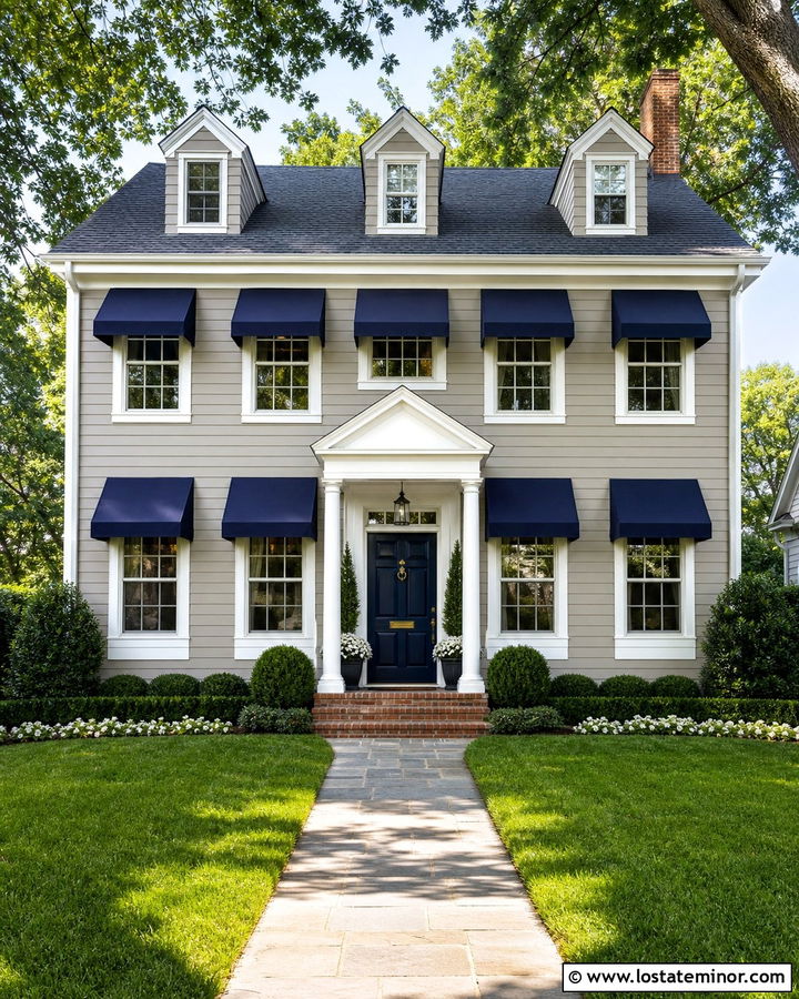 Greige Colonial With Navy Fabric Awnings - 30 Greige House Design With Awning Ideas
