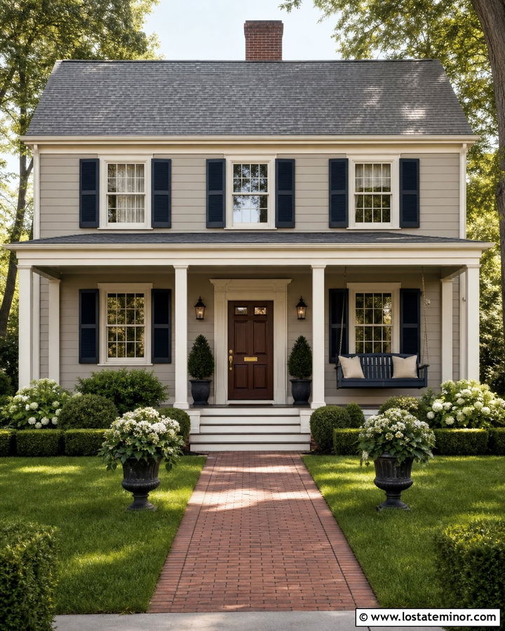 Greige Colonial With Navy Porch Swing - 30 Greige House Design With Swing Ideas