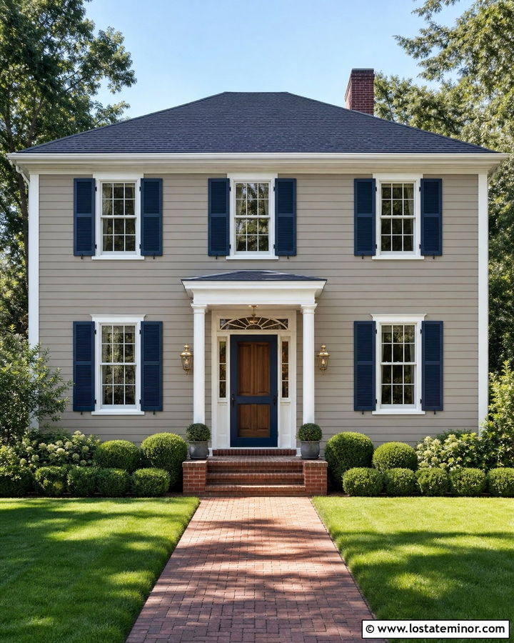 Greige Colonial With Navy Screen Door - 30 Greige House Design With Screen Door Ideas