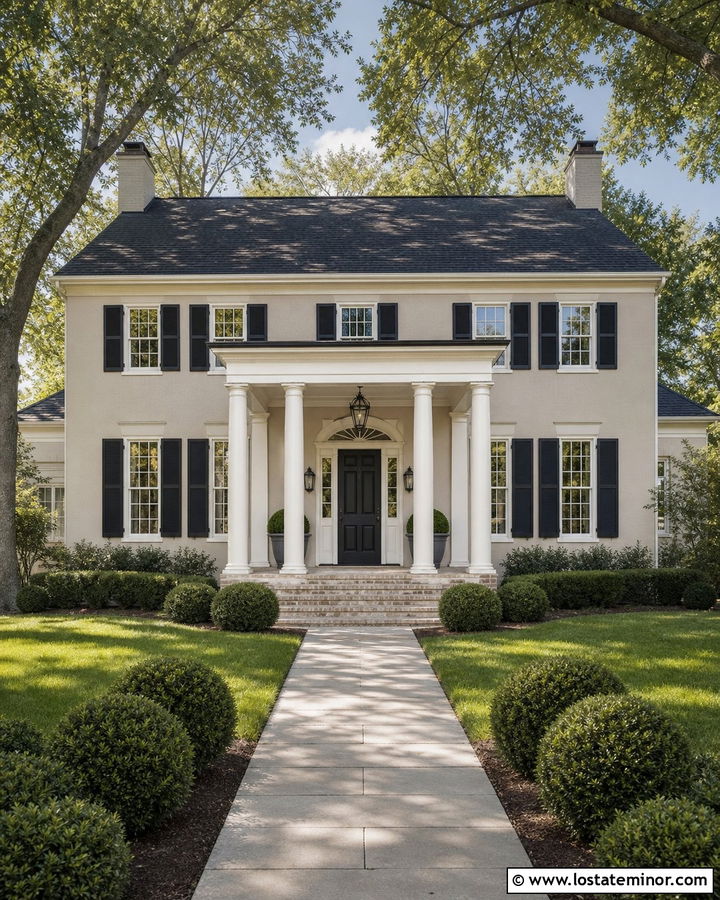 Greige Colonial With Round White Columns - 30 Greige House Design With Porch Columns Ideas
