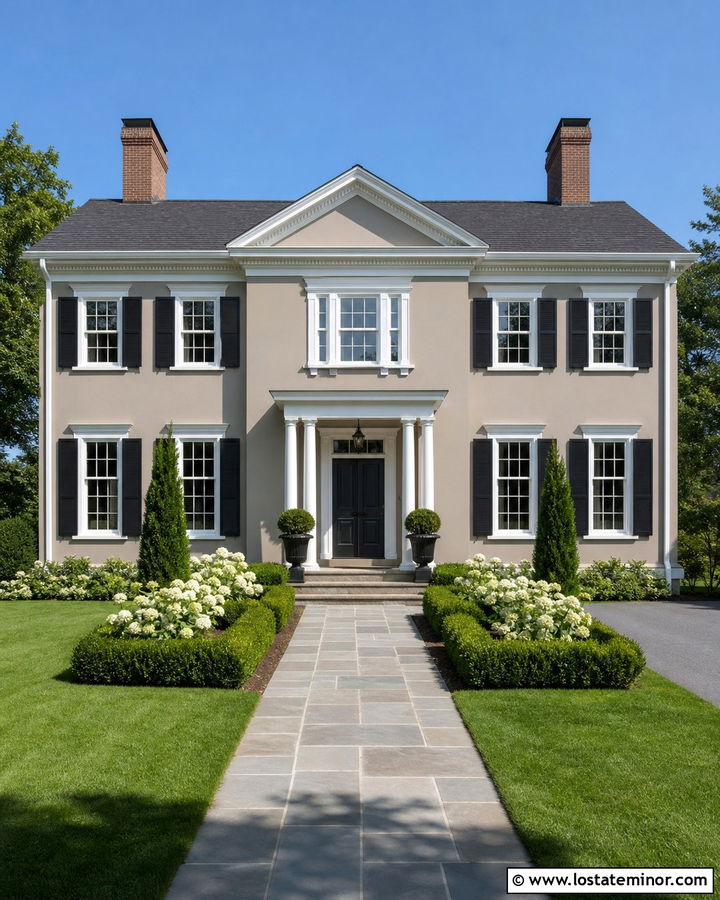 Greige Colonial With Symmetrical Front Yard - 30 Greige House Design With Front Yard Ideas